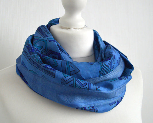 Marine Blue Sari Silk Scarf - Boho Spring Summer Trend Unisex Womens Scarf - Eco Friendly Upcycled Mothers Day Grandmother Dad Brother Gift