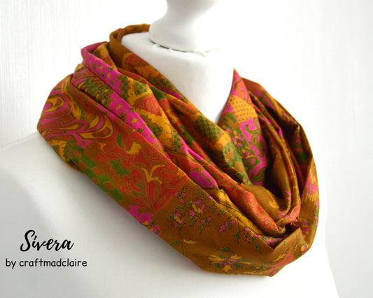 Ochre Cerise Upcycled Vintage Sari Silk Scarf - Sophisticated Boho Mothers Day Gift for Her - Eco Friendly Spring Summer Womens Scarf