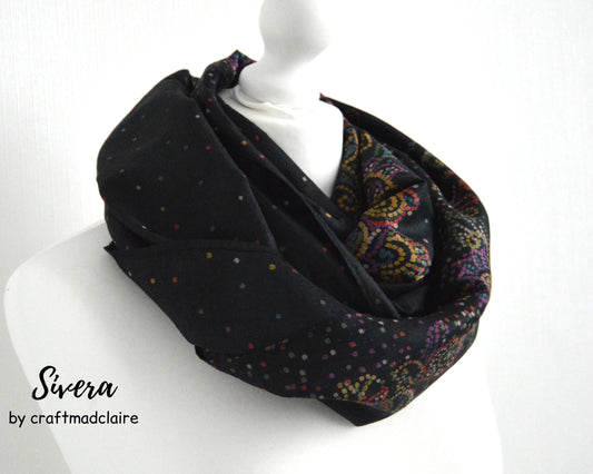 Black Multi Paisley Upcycled Sari Silk Infinity Loop Scarf