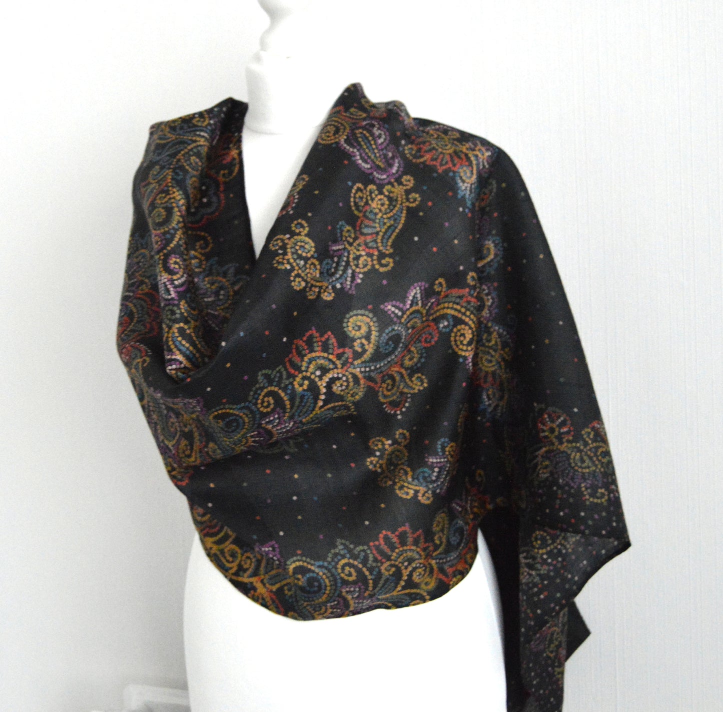 Black Multi Paisley Upcycled Sari Silk Infinity Loop Scarf