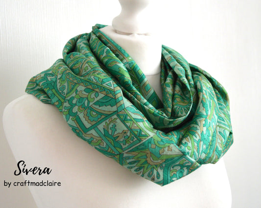 Aqua Beige Upcycled Vintage Sari Silk Scarf - Boho Autumn Fall Trend Silk Scarf Unisex Womens Scarf - Eco Friendly Christmas Gift for Her