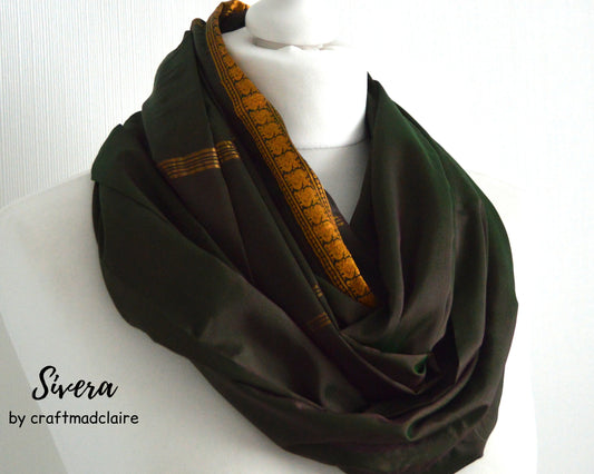 Olive Tonic Upcycled Vintage Sari Silk Scarf - Bohemian Autumn Fall Winter Unisex Womens Scarf - Eco Friendly Christmas Gift for Her or Him