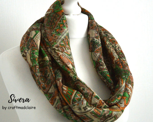 Green Cream Beige Upcycled Sari Silk Scarf - Eco Friendly Autumn Fall Winter Unisex Womens Scarf - Boho Mum Mom Best Friends Christmas Gift
