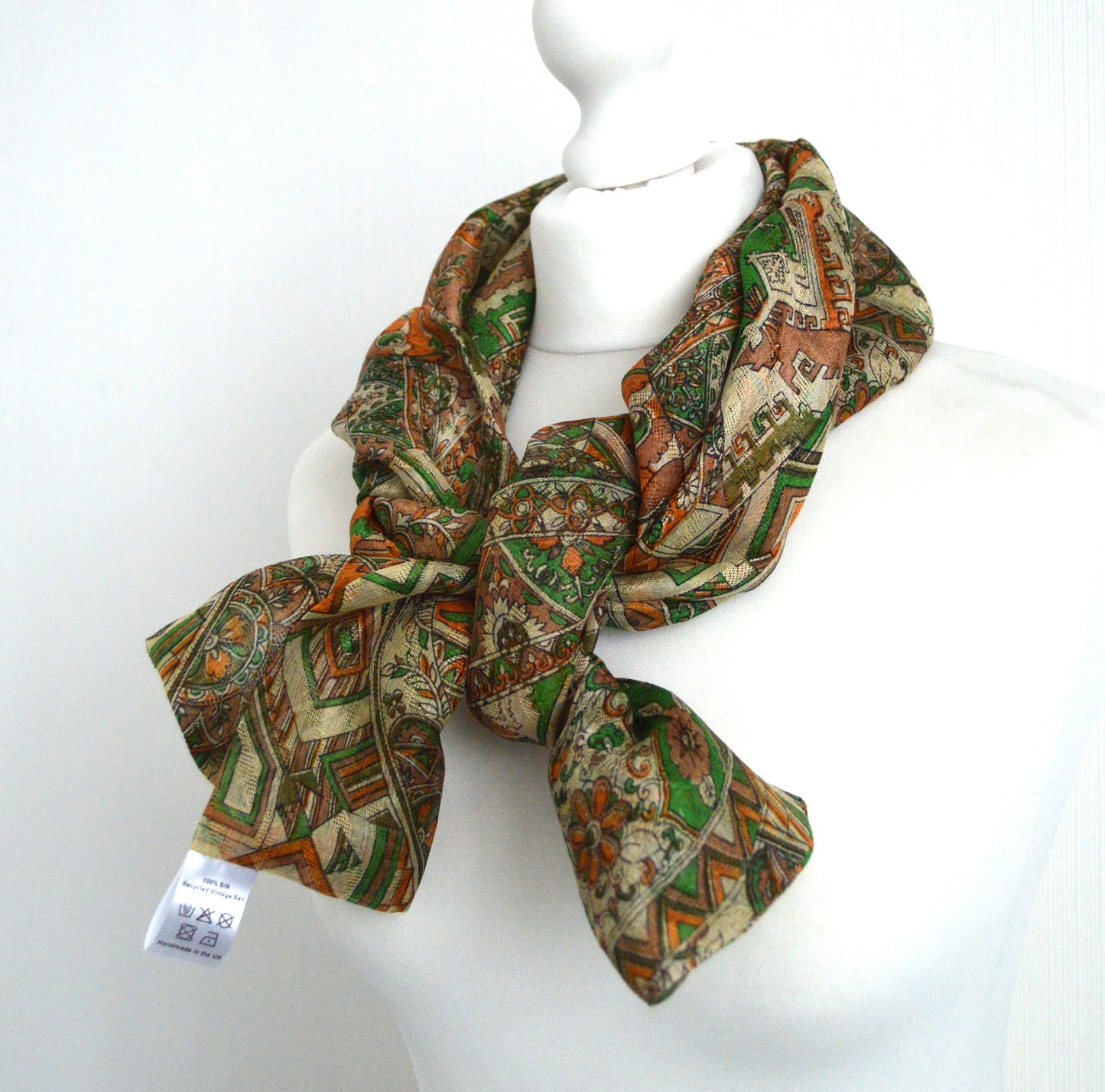 Green Cream Beige Upcycled Sari Silk Scarf - Eco Friendly Autumn Fall Winter Unisex Womens Scarf - Boho Mum Mom Best Friends Christmas Gift