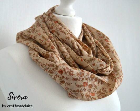 Beige Floral Upcycled Vintage Sari Silk Scarf - Lightweight Handmade Womens Scarf - Eco Friendly Bohemian Thanksgiving Christmas Gift