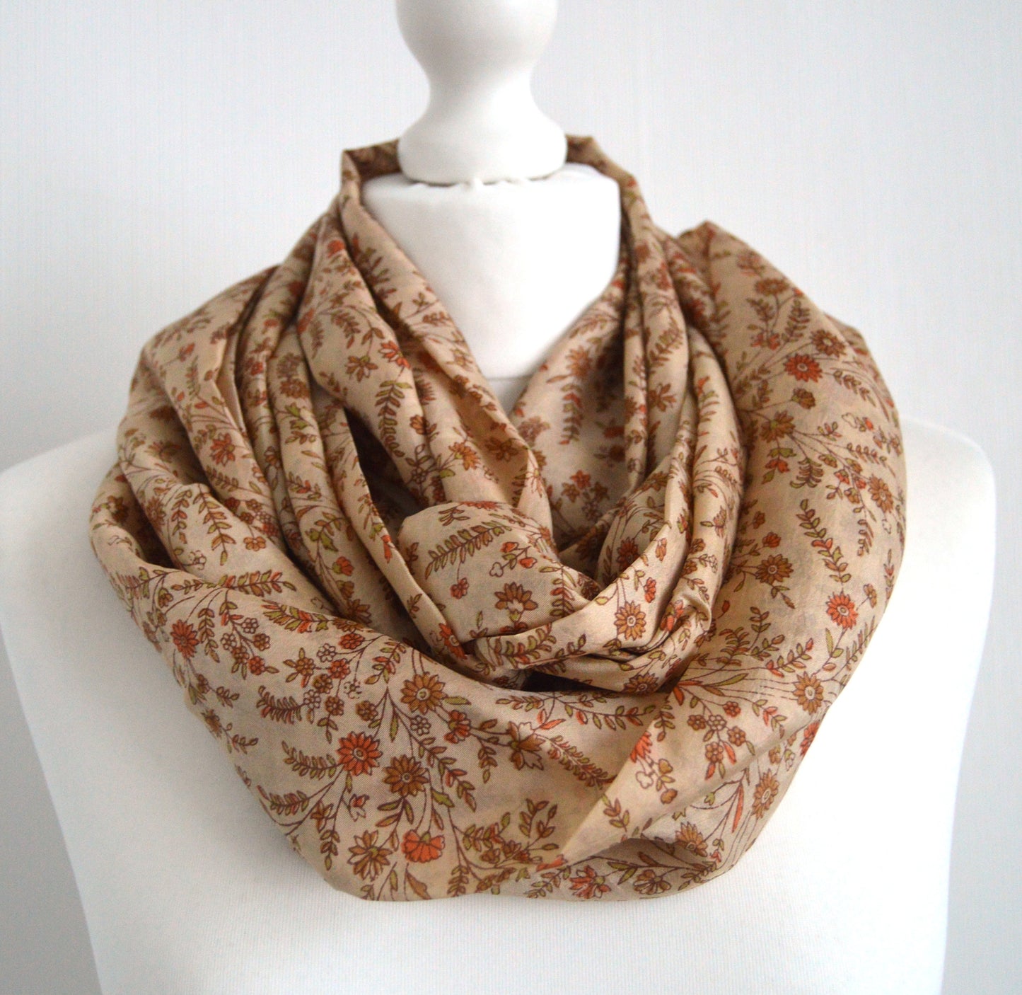 Beige Floral Upcycled Vintage Sari Silk Scarf - Lightweight Handmade Womens Scarf - Eco Friendly Bohemian Thanksgiving Christmas Gift