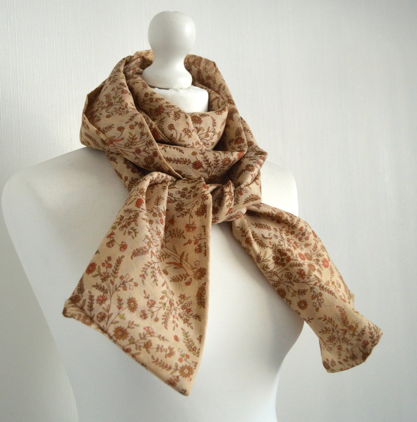 Beige Floral Upcycled Vintage Sari Silk Scarf - Lightweight Handmade Womens Scarf - Eco Friendly Bohemian Thanksgiving Christmas Gift