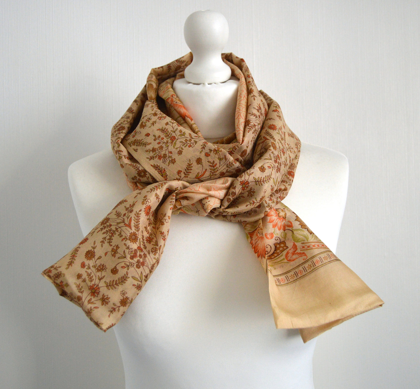 Beige Floral Upcycled Vintage Sari Silk Scarf - Lightweight Handmade Womens Scarf - Eco Friendly Bohemian Thanksgiving Christmas Gift