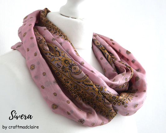 Pink Beige Upcycled Vintage Sari Silk Scarf - Bohemian Eco Friendly Upcycled Zero Waste Womens Scarf - Christmas Thanksgiving Gift For Her