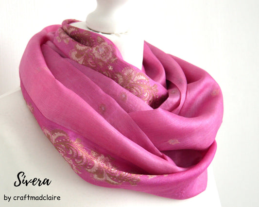 Pink Beige Upcycled Vintage Sari Silk Scarf - Boho Eco Friendly Upcycled Sari Womens Scarf - Spring Summer Trend Mothers Day Gift For Her