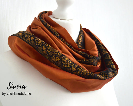 Copper Black Floral Faux Silk Vintage Sari Scarf - Bohemian Upcycled Eco Friendly Womens Scarf - Boho Zero Waste Womens Scarves Gift for Her