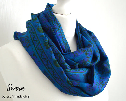 Turquoise Magenta Upcycled Vintage Sari Silk Scarf - Sophisticated Spring Summer Bohemian Scarf Eco Friendly Zero Waste Gift for Her