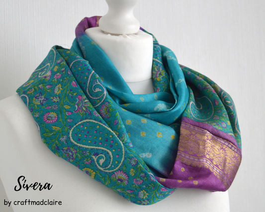 Turquoise Mauve Sari Silk Scarf - Silk Infinity Scarf - Indian Silk Scarf - Womens Scarf - Gift for Her - Boho Scarf - Unique Gift
