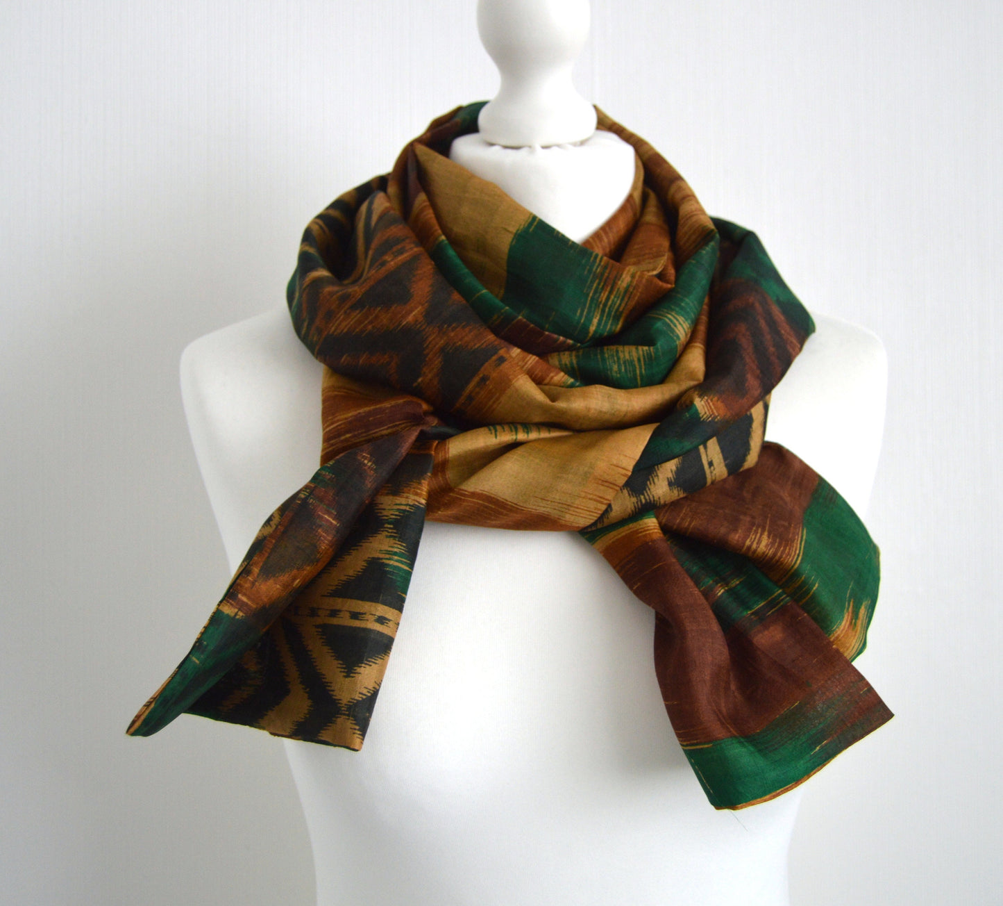 Beige Tan Green Upcycled Vintage Sari Silk Scarf