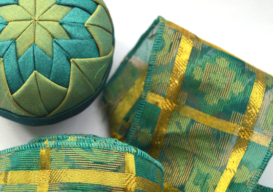 Green & Gold Recycled Upcycled Vintage Sari Silk Ribbon - Bows Gift Wrap Decoration