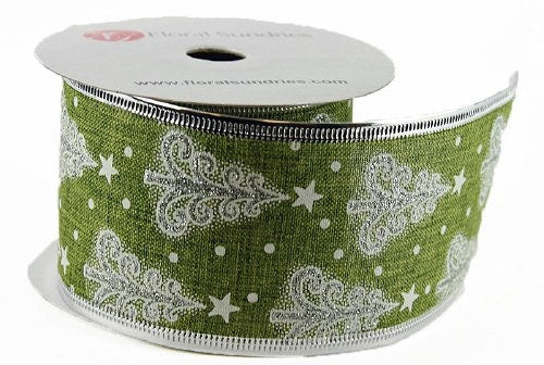 60mm Green White Christmas Tree Hessian Wired Edge Ribbon - 10 Yards / 9.1 Metre