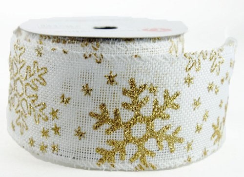 60mm White Gold Snowflake Hessian Wired Edge Ribbon - 10 Yards / 9.1 Metre