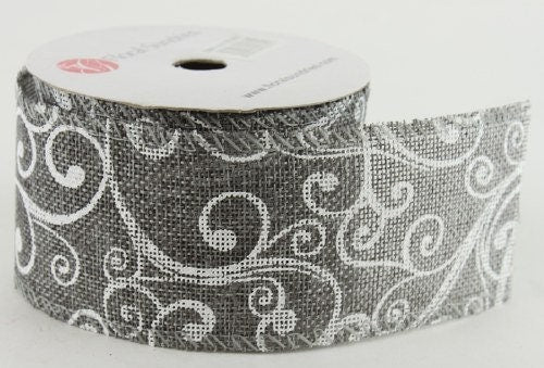 60mm Grey White Scroll Hessian Wired Edge Ribbon - 10 Yards / 9.1 Metre