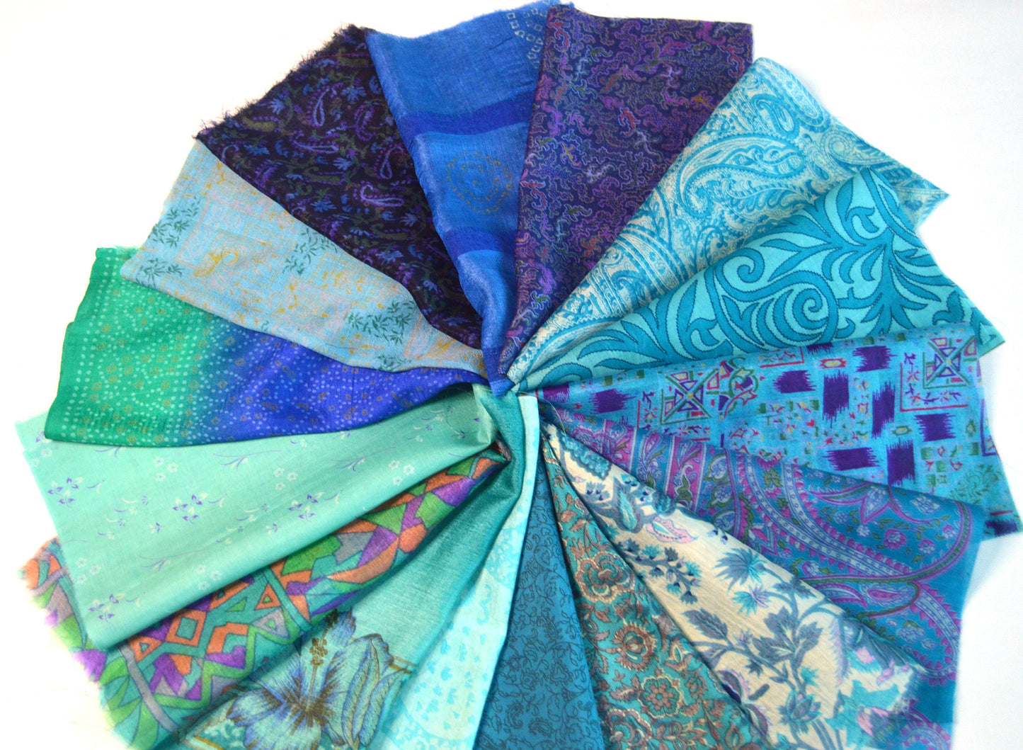 10 Inch x 16 Pieces Blue Recycled Vintage Silk Sari Scraps Craft Fabric Card Making Collage Mixed Media Textile Art Sewing Junk Journals