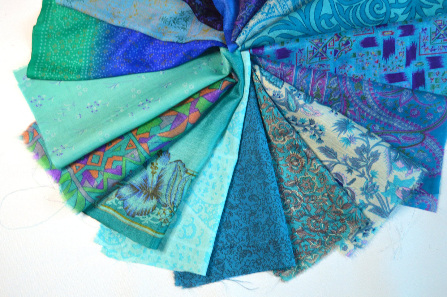10 Inch x 16 Pieces Blue Recycled Vintage Silk Sari Scraps Craft Fabric Card Making Collage Mixed Media Textile Art Sewing Junk Journals