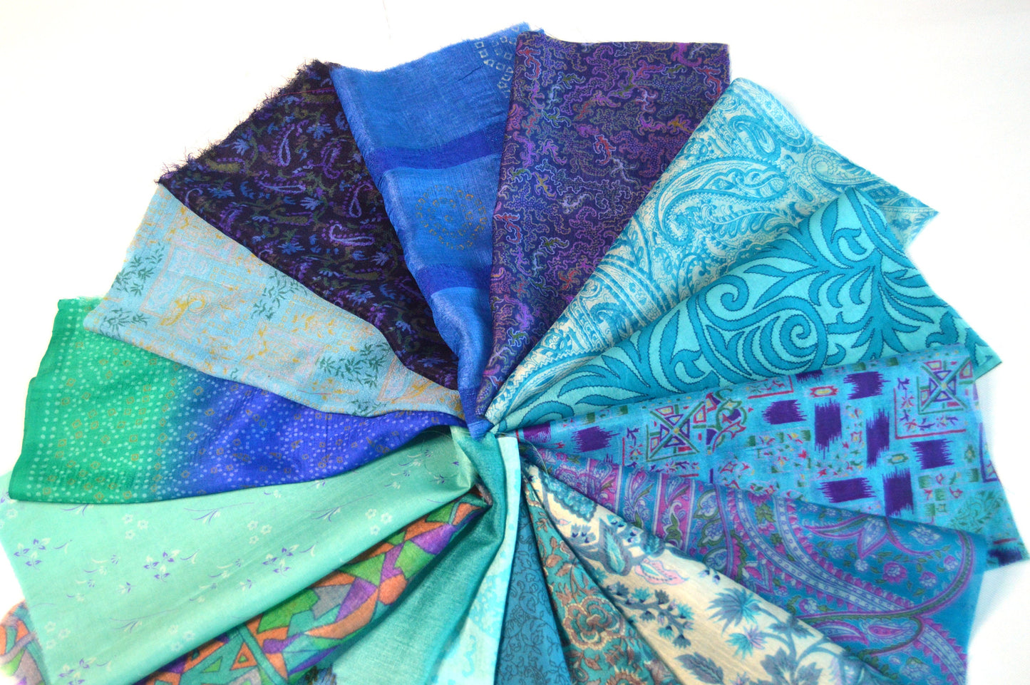 10 Inch x 16 Pieces Blue Recycled Vintage Silk Sari Scraps Craft Fabric Card Making Collage Mixed Media Textile Art Sewing Junk Journals