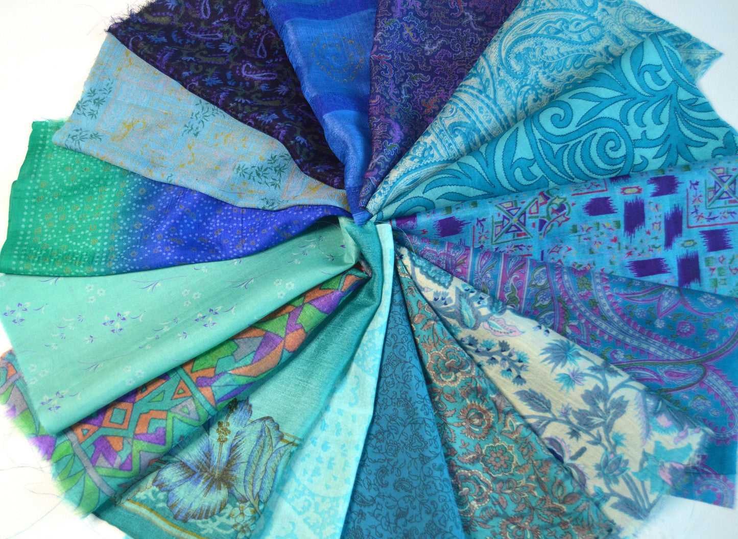 10 Inch x 16 Pieces Blue Recycled Vintage Silk Sari Scraps Craft Fabric Card Making Collage Mixed Media Textile Art Sewing Junk Journals