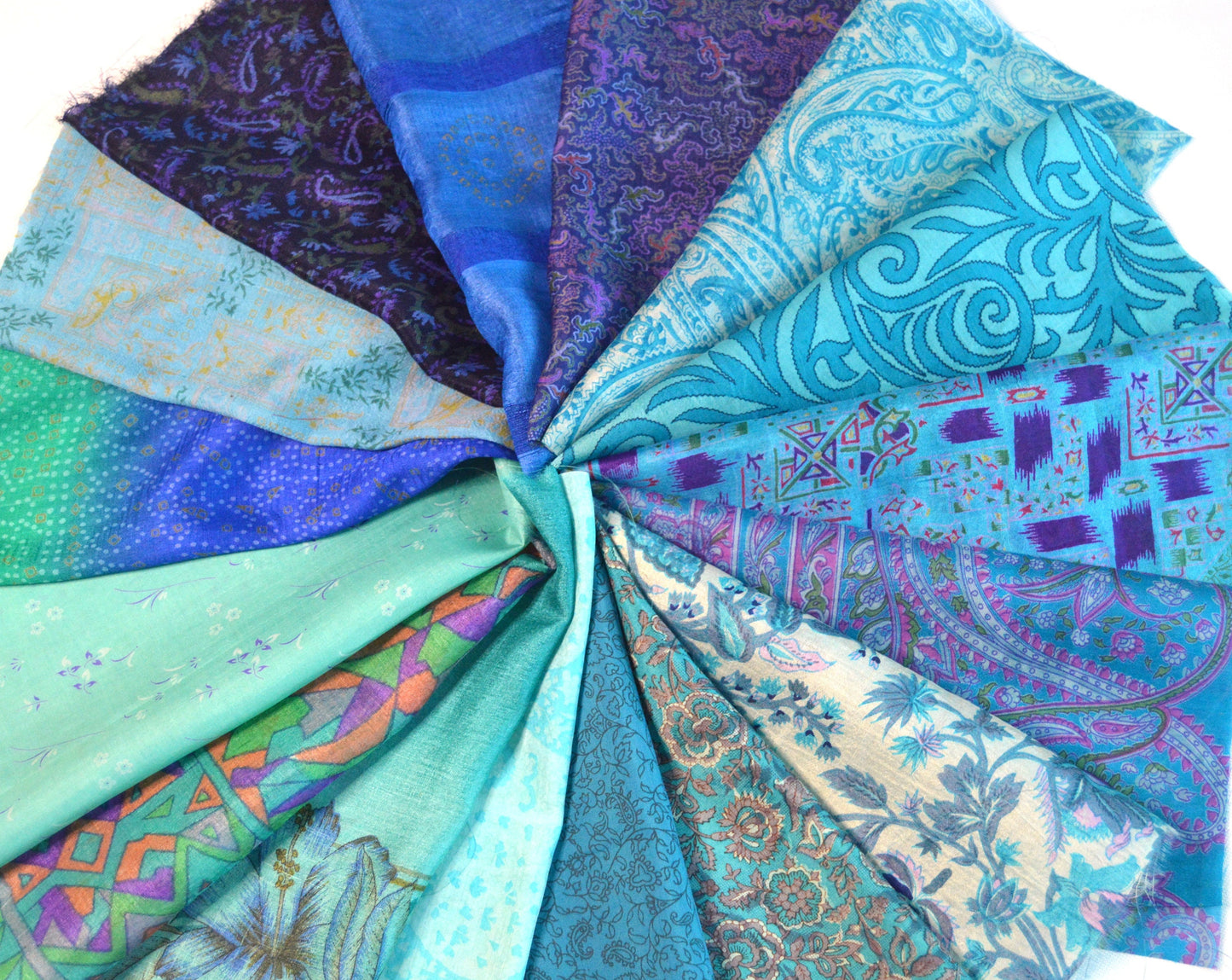 10 Inch x 16 Pieces Blue Recycled Vintage Silk Sari Scraps Craft Fabric Card Making Collage Mixed Media Textile Art Sewing Junk Journals