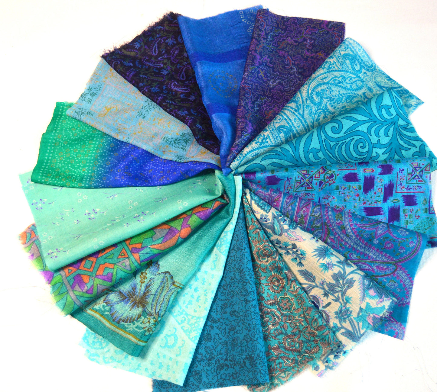 10 Inch x 16 Pieces Blue Recycled Vintage Silk Sari Scraps Craft Fabric Card Making Collage Mixed Media Textile Art Sewing Junk Journals
