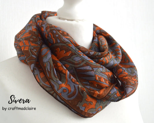 Brown Orange Grey Upcycled Vinatge Sari Silk Scarf - Lightweight Scarf - Unisex Womens Gift - Sari Silk Scarf - Bohemian Scarf