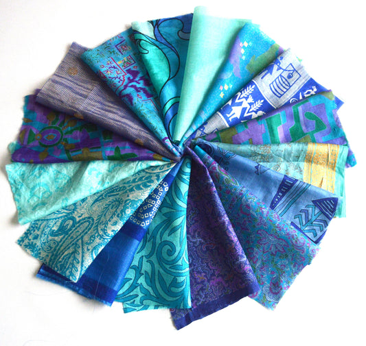 8 Inch x 16 Pieces Blue Upcycled Vintage Sari Silk Squares