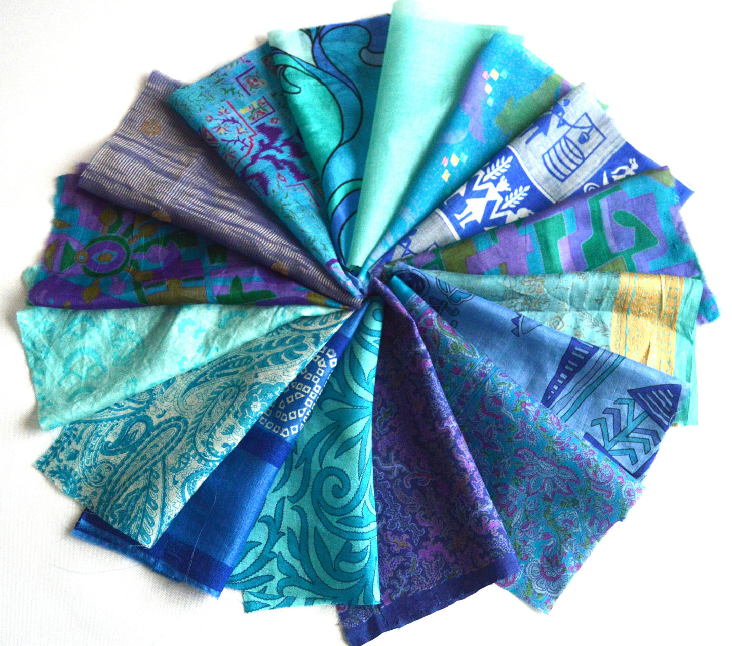 8 Inch x 16 Pieces Blue Upcycled Vintage Sari Silk Squares