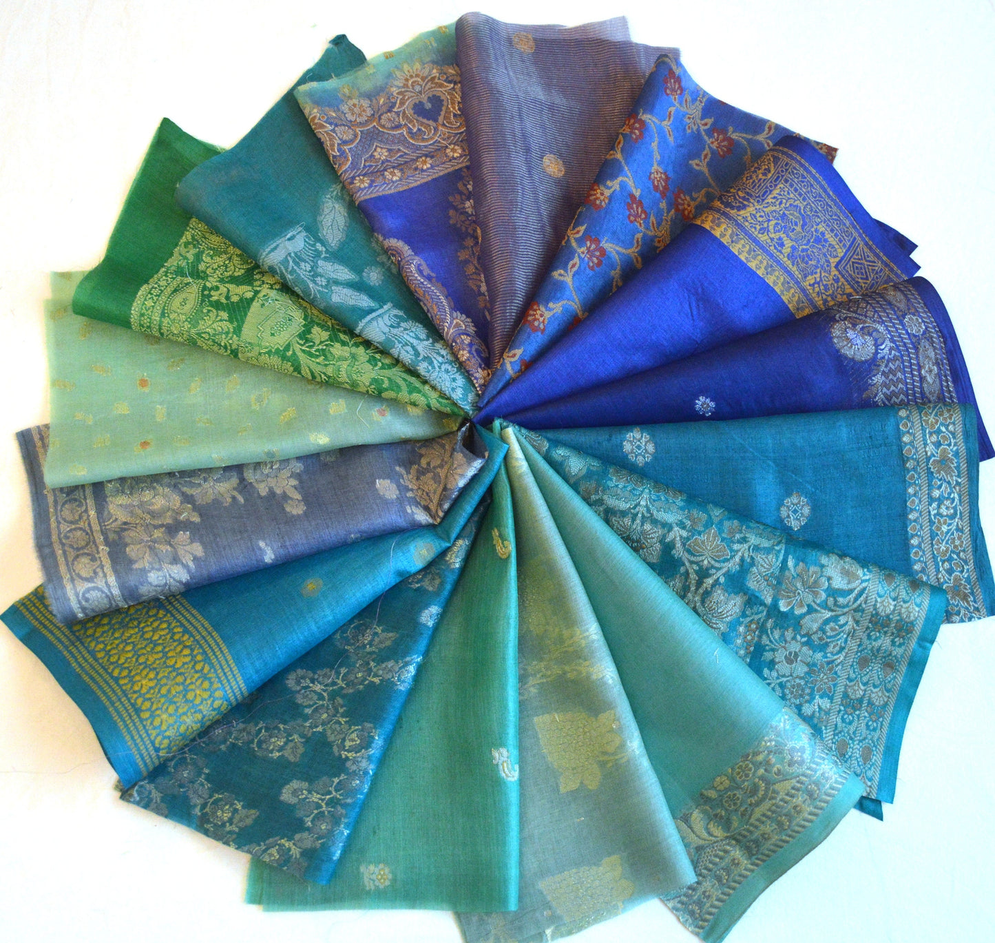 10 inch x 16 Pieces Blue Upcycled Sari Silk Squares