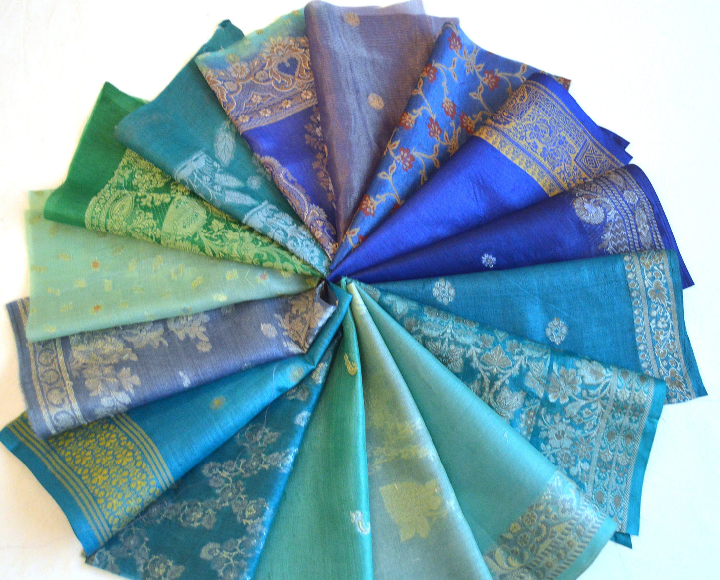 10 inch x 16 Pieces Blue Upcycled Sari Silk Squares
