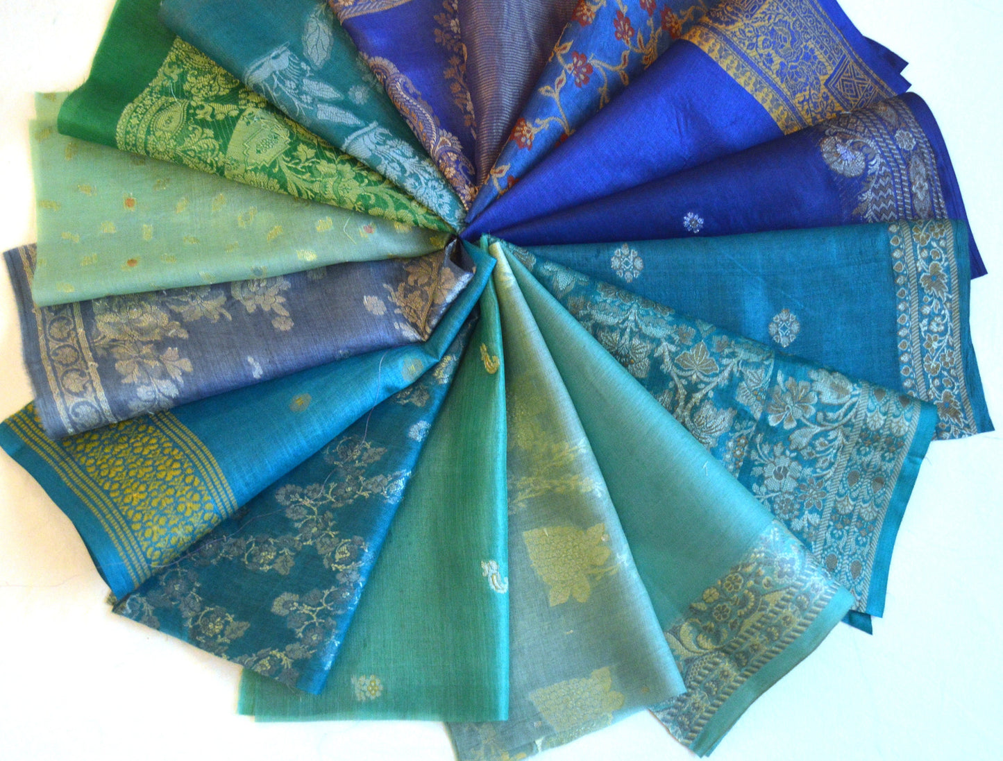 10 inch x 16 Pieces Blue Upcycled Sari Silk Squares