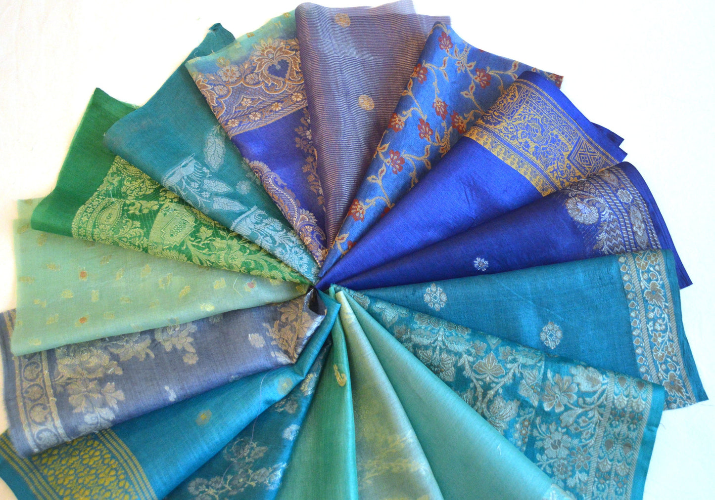10 inch x 16 Pieces Blue Upcycled Sari Silk Squares