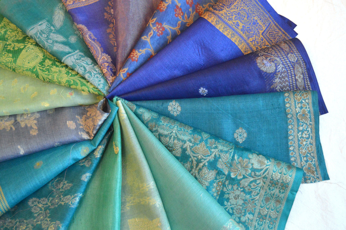 10 inch x 16 Pieces Blue Upcycled Sari Silk Squares