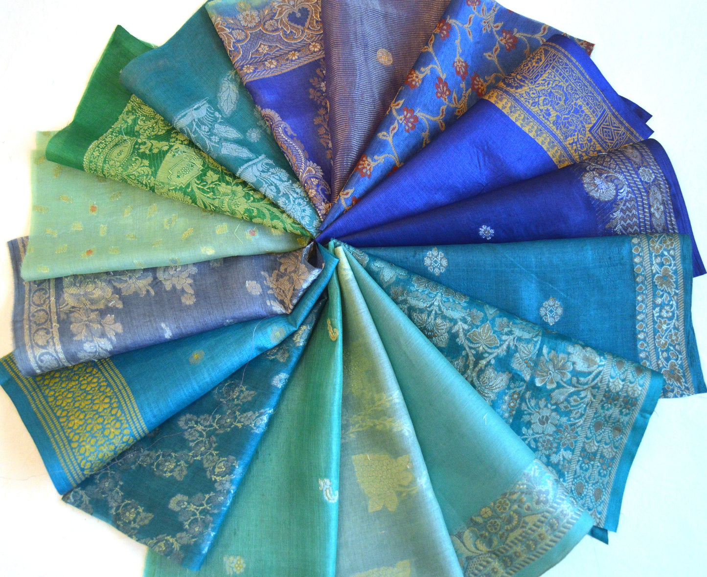 10 inch x 16 Pieces Blue Upcycled Sari Silk Squares