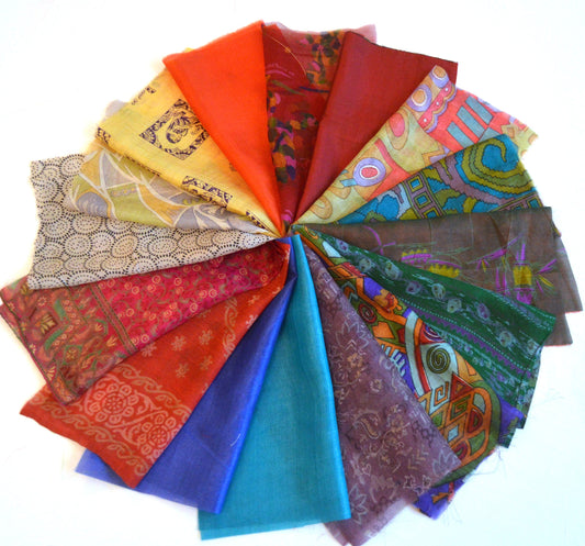 10 Inch x 16 Pieces Mixed Upcycled Vintage Sari Silk Squares