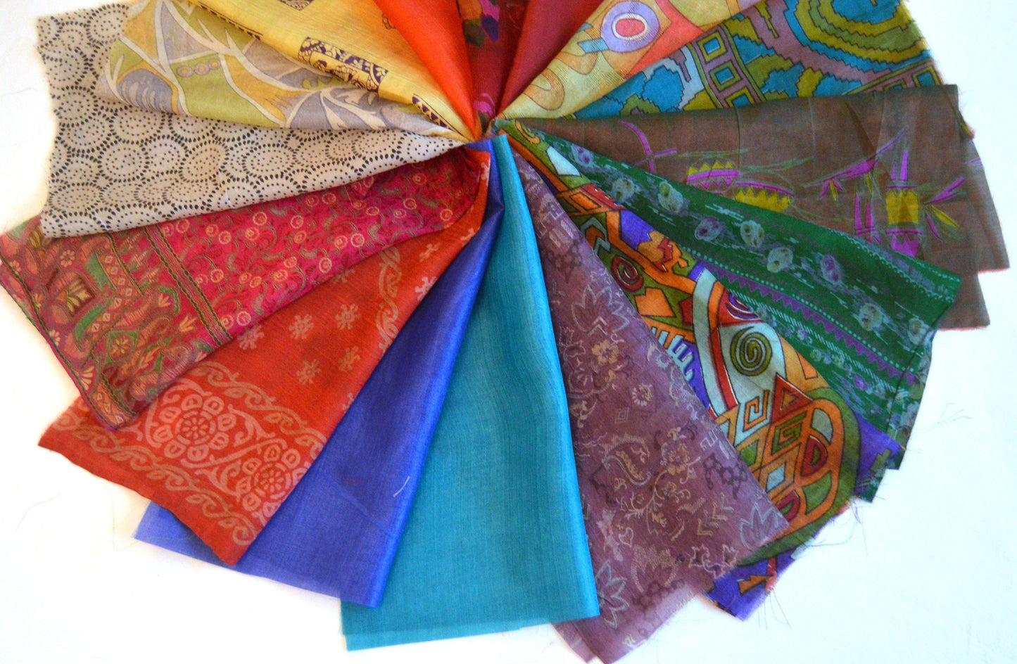 10 Inch x 16 Pieces Mixed Upcycled Vintage Sari Silk Squares