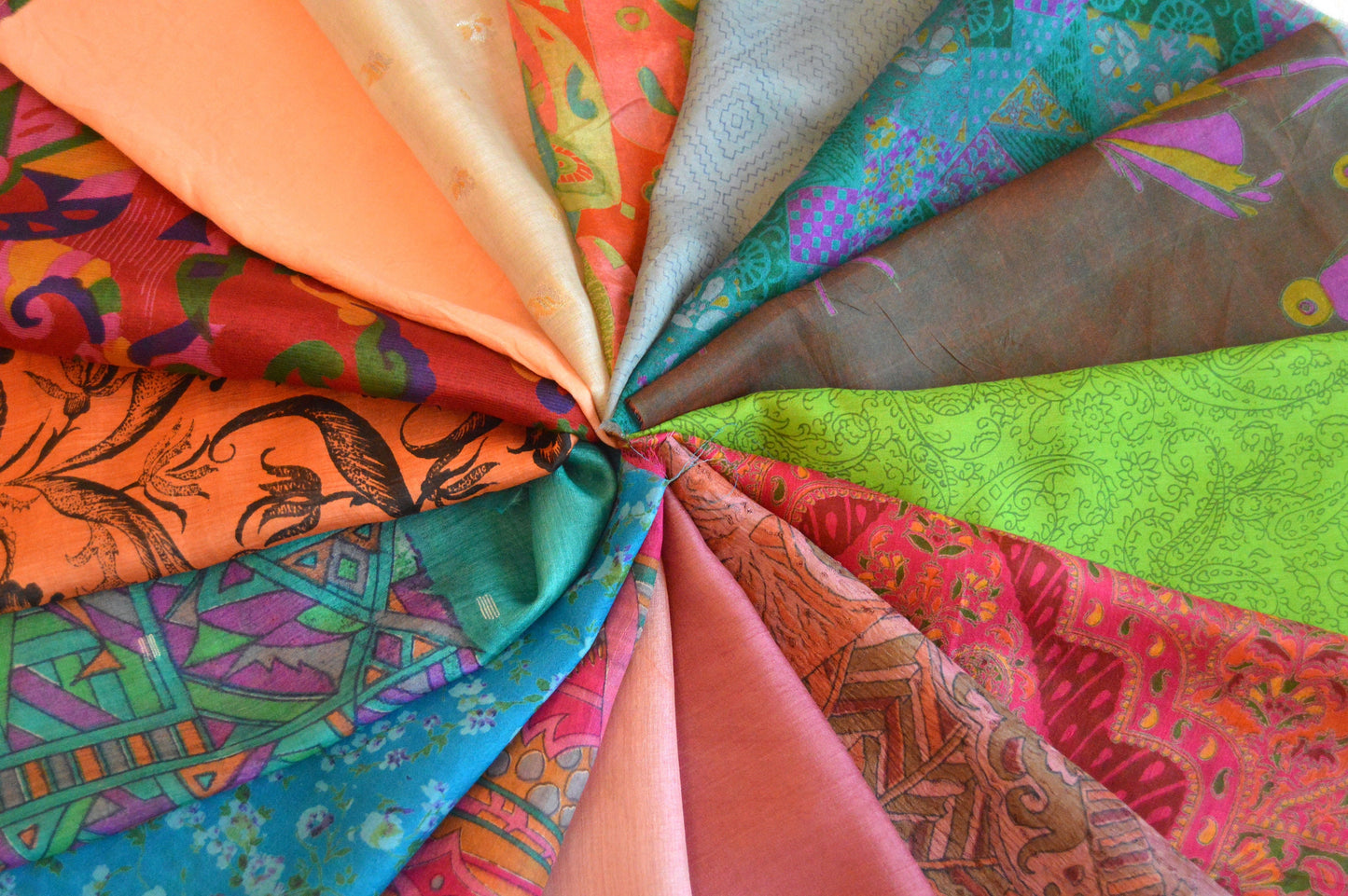 10 Inch x 16 Pieces Mixed Colour Upcycled Vintage Sari Silk Squares