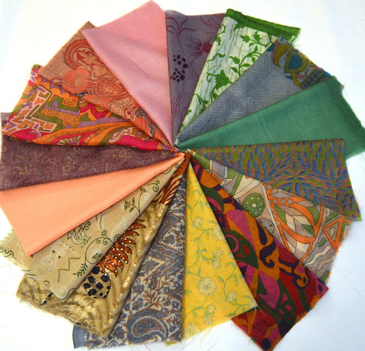 10 Inch x 16 Pieces Mixed Upcycled Sari Silk Squares