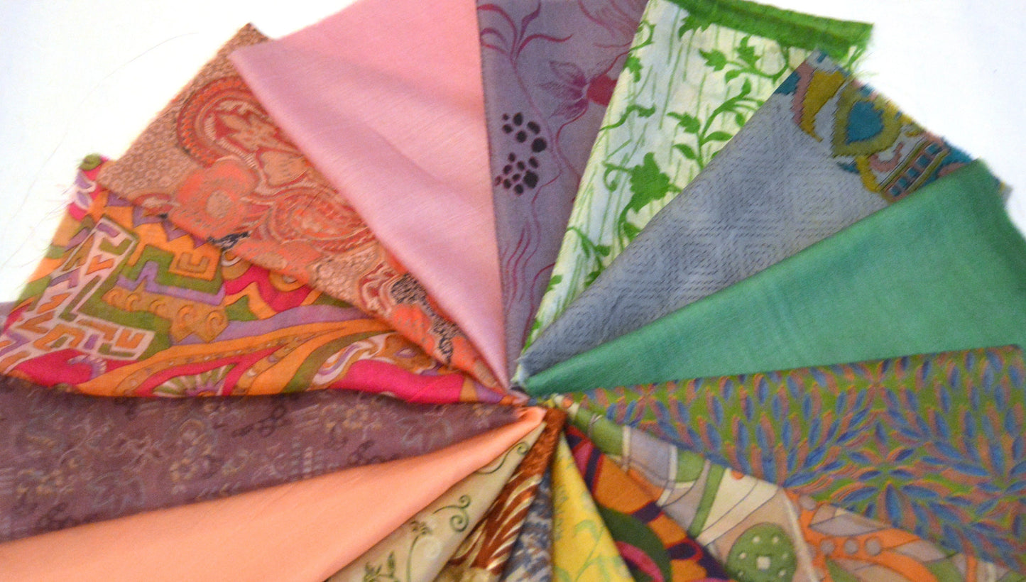 10 Inch x 16 Pieces Mixed Upcycled Sari Silk Squares