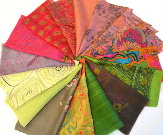 10 Inch x 16 Pieces Mixed Colour Upcycled Silk Sari Squares