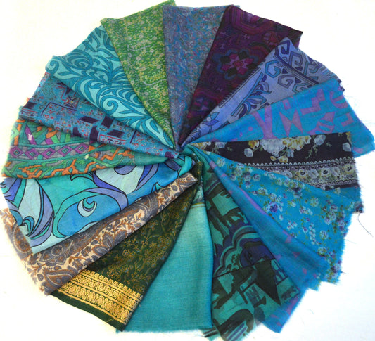 10 Inch x 16 Pieces Blue Green Upcycled Silk Sari Squares