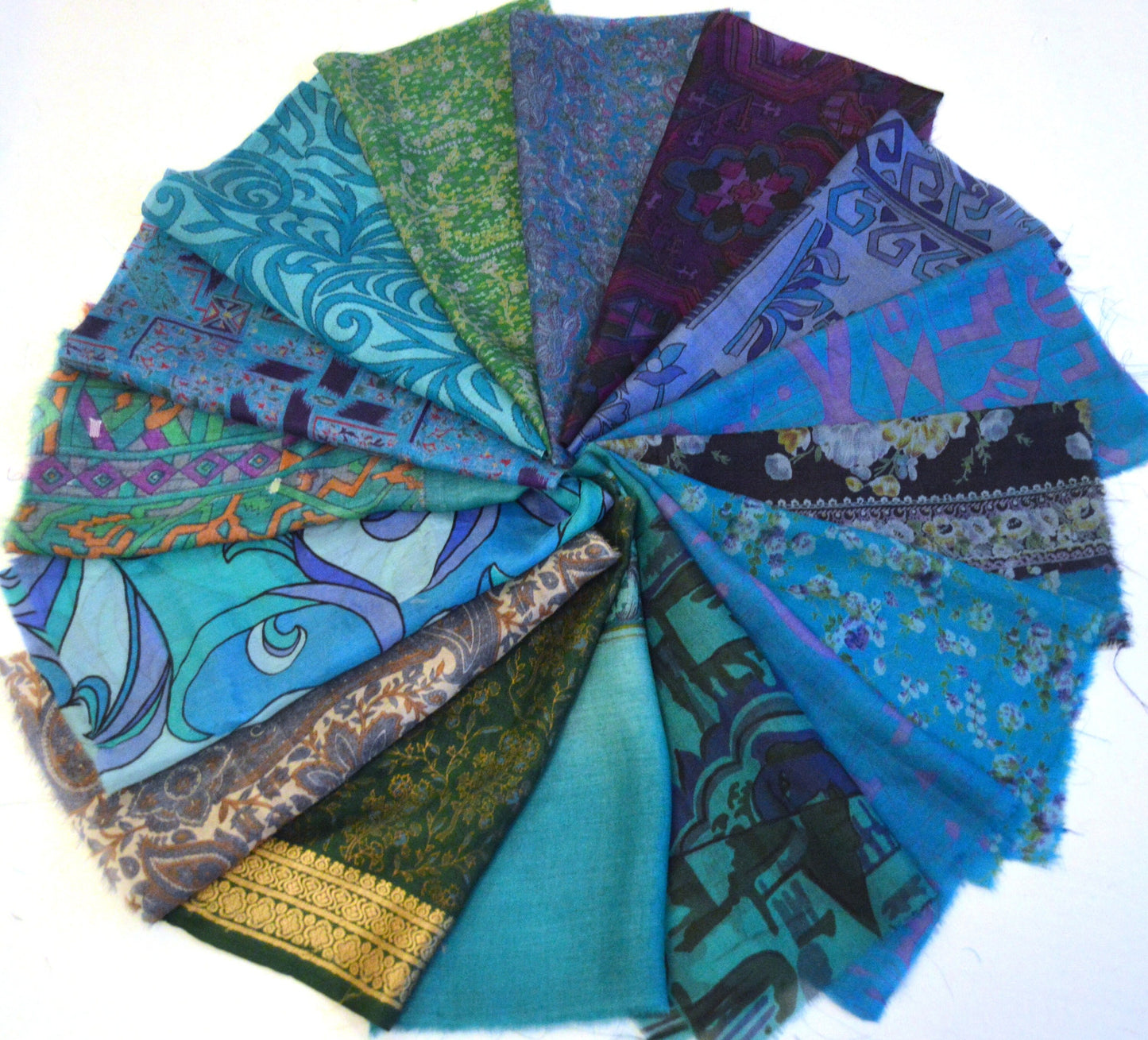 10 Inch x 16 Pieces Blue Green Upcycled Silk Sari Squares