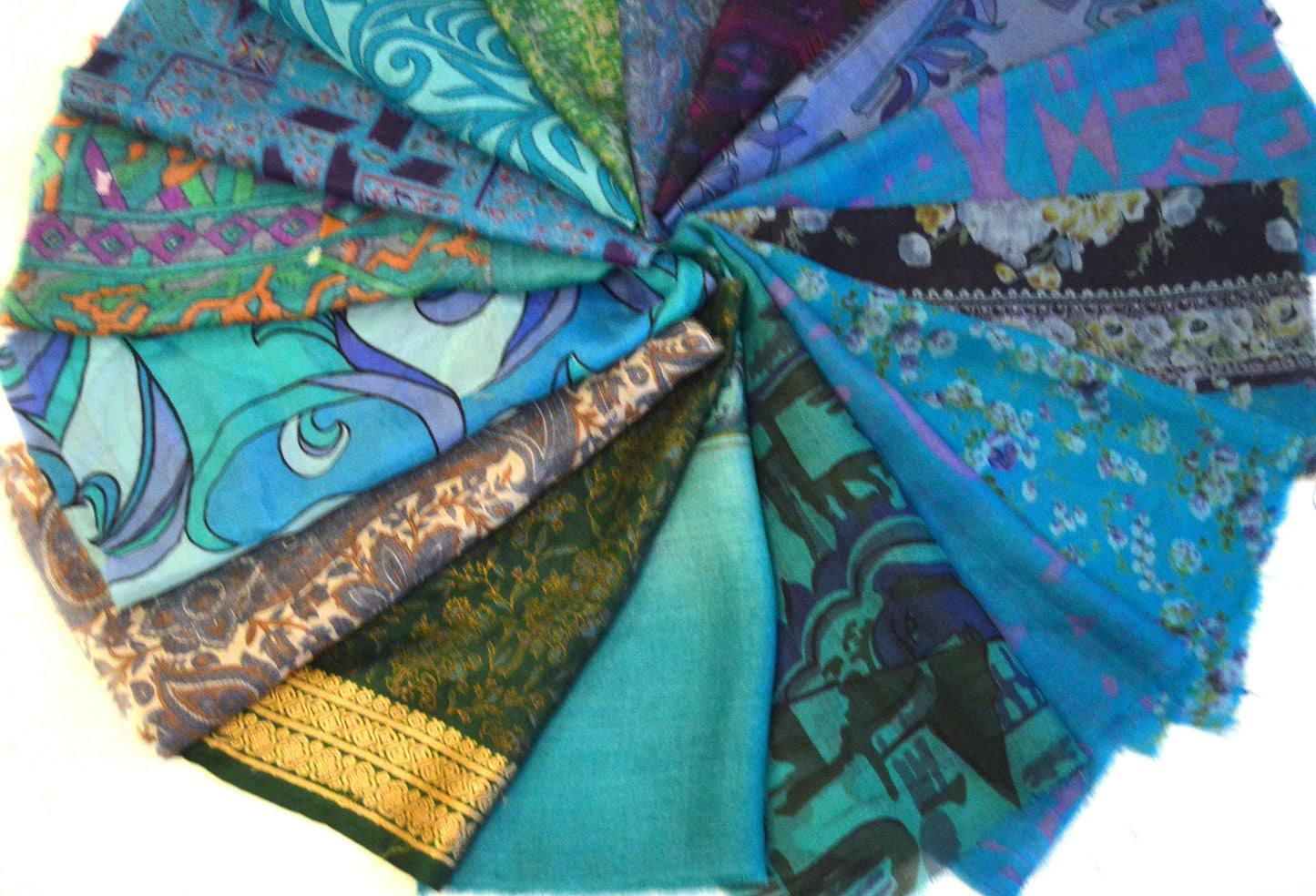 10 Inch x 16 Pieces Blue Green Upcycled Silk Sari Squares