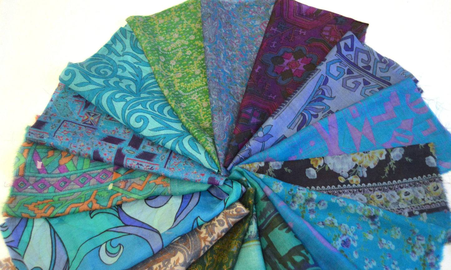 10 Inch x 16 Pieces Blue Green Upcycled Silk Sari Squares