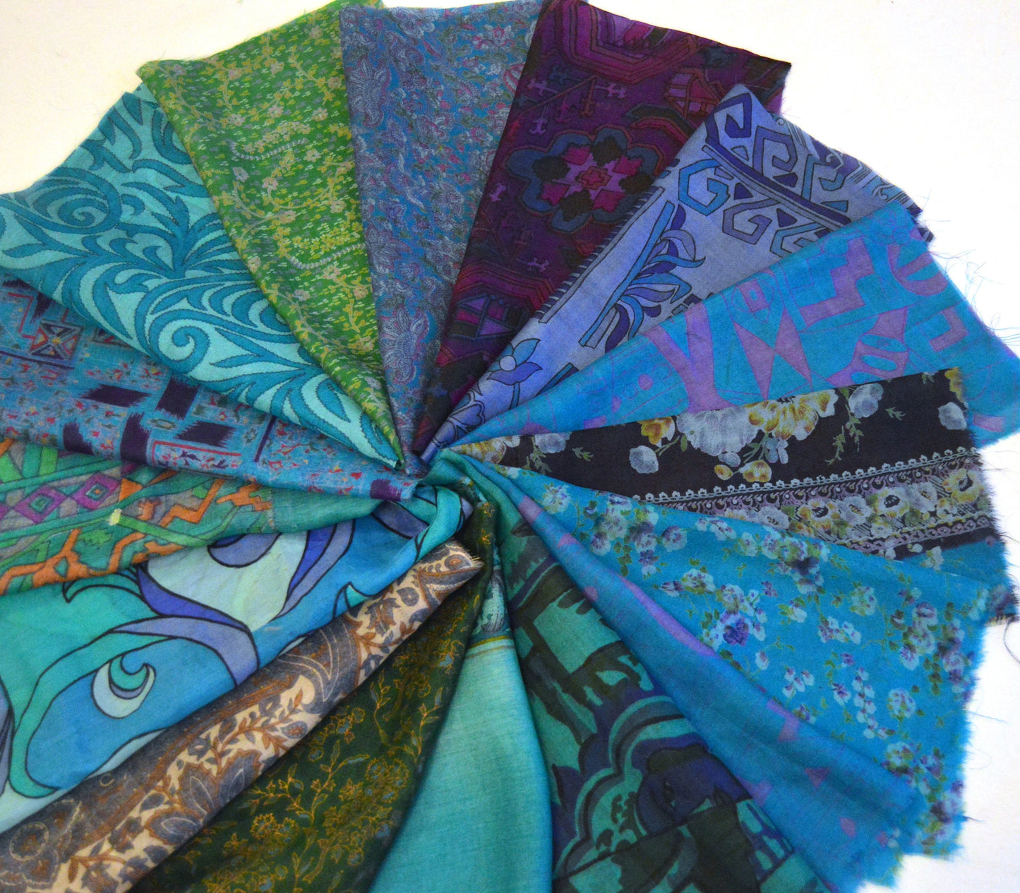 10 Inch x 16 Pieces Blue Green Upcycled Silk Sari Squares