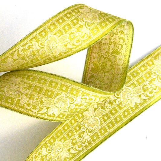Spring Lime Green Beige Pure Silk Vintage Upcycled Sari Silk Ribbon