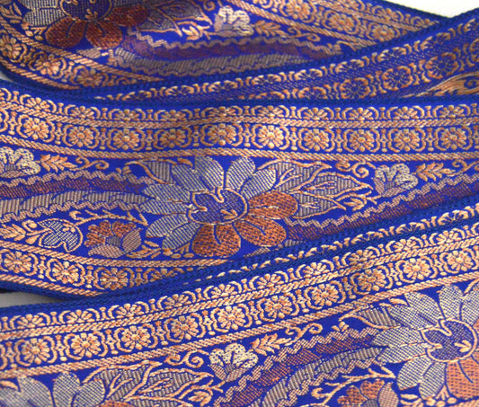 Royal Blue Brocade Faux Vegan Silk Vintage Recycled Upcycled Sari Silk Ribbon